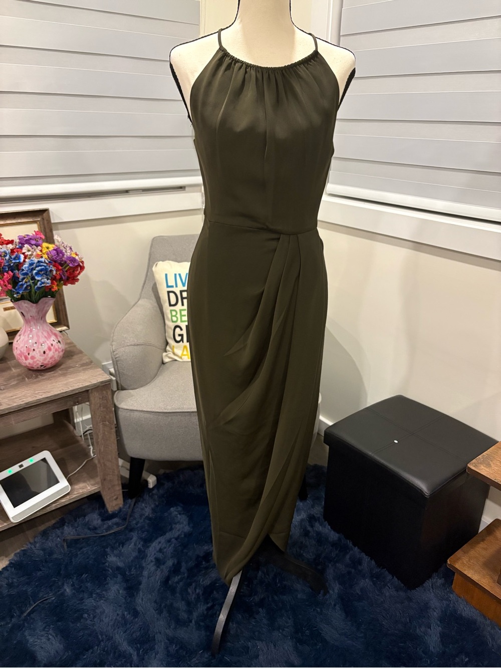 Shona Joy Olive Green Halter Draped Maxi Dress - Size 2